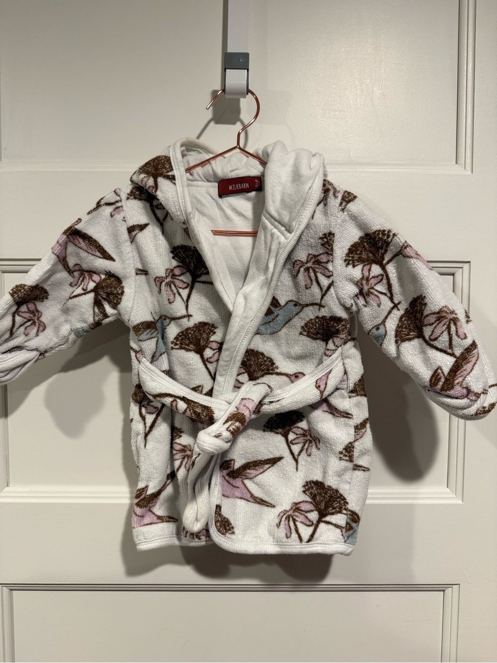 Milkbarn White Hooded Kids Robe with Pink, Brown & Blue Bird Motif